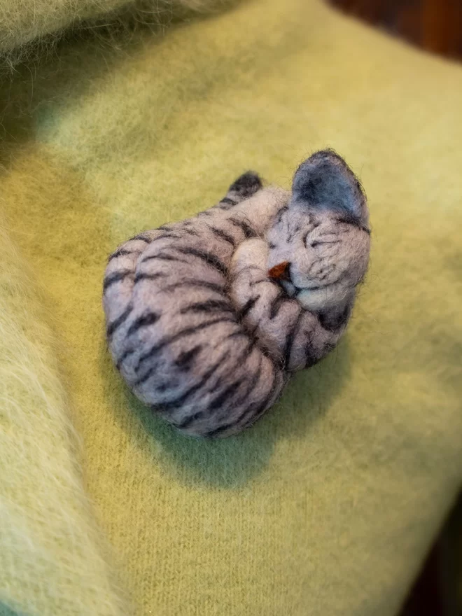 A sleeping cat brooch on a green jumper