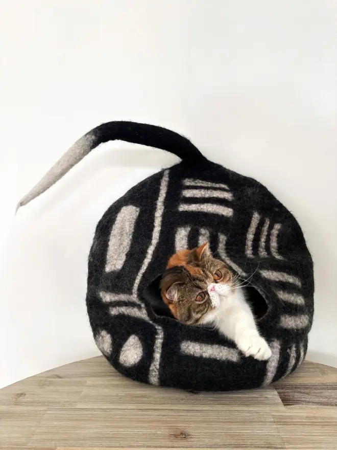 black and white felt cat cave 