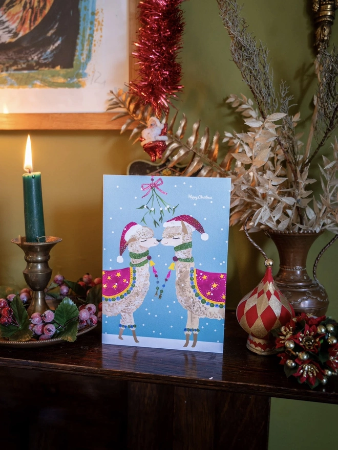 'Happy Christmas', Llamas Kissing Under The Mistletoe Card