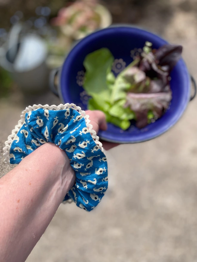 Hair scrunchie outside with my homegrown salad