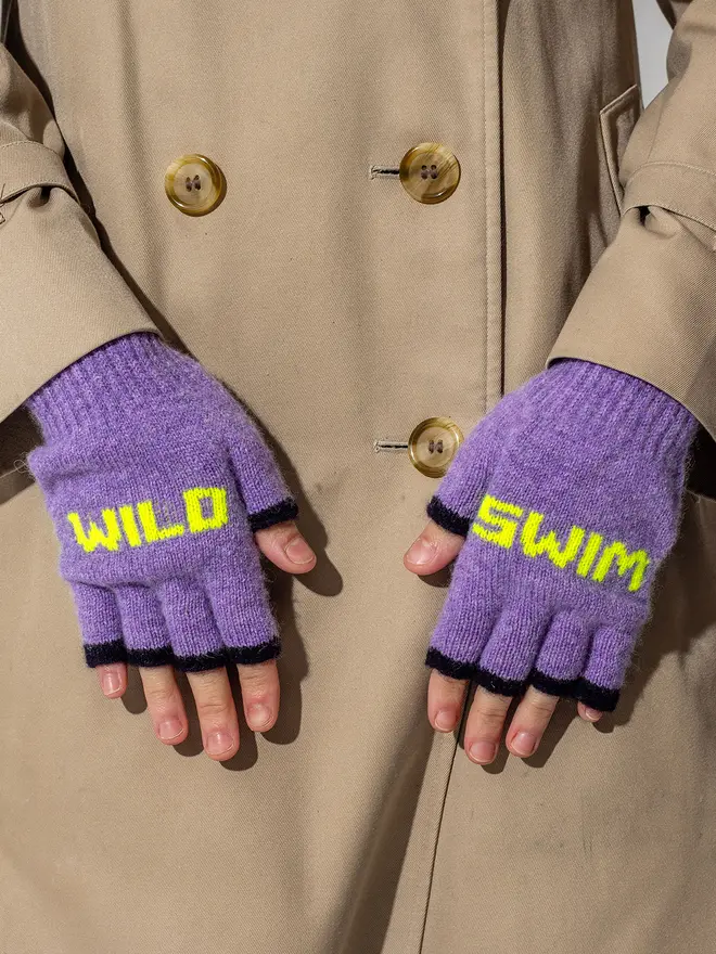 wild swim mittens Main - Parma Violet Wording - Neon Yellow