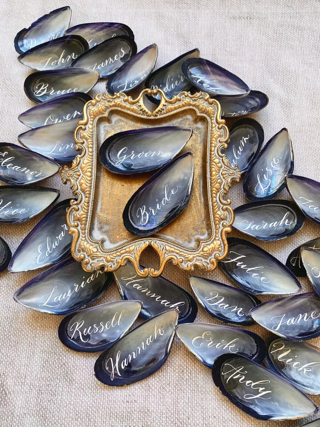 Mussel shell place cards with guest names written by hand in white ink