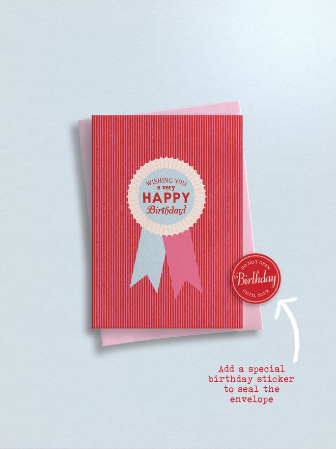 Flora Fricker 'Wishing you a very Happy Birthday!' vintage rosette card in pink, red and blue