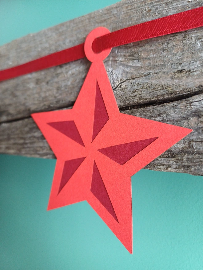 Close View of 5 Pointed Red Star Decoration. Bright Red Star with Dark Red Inlay