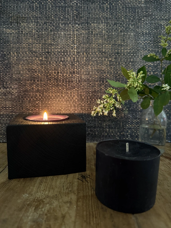 Refillable candle hand poured in wooden Yakisugi charred block candle holder