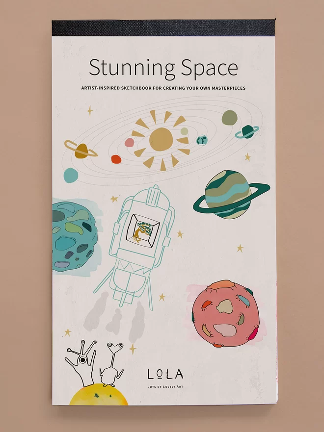 Stunning Space Sketchbook for Children cover shows planets rockets and aliens