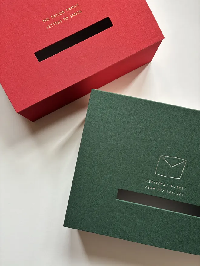 handmade Christmas post boxes in Forest green and traditional Pillar Box Red cloth and bespoke metallic foiling