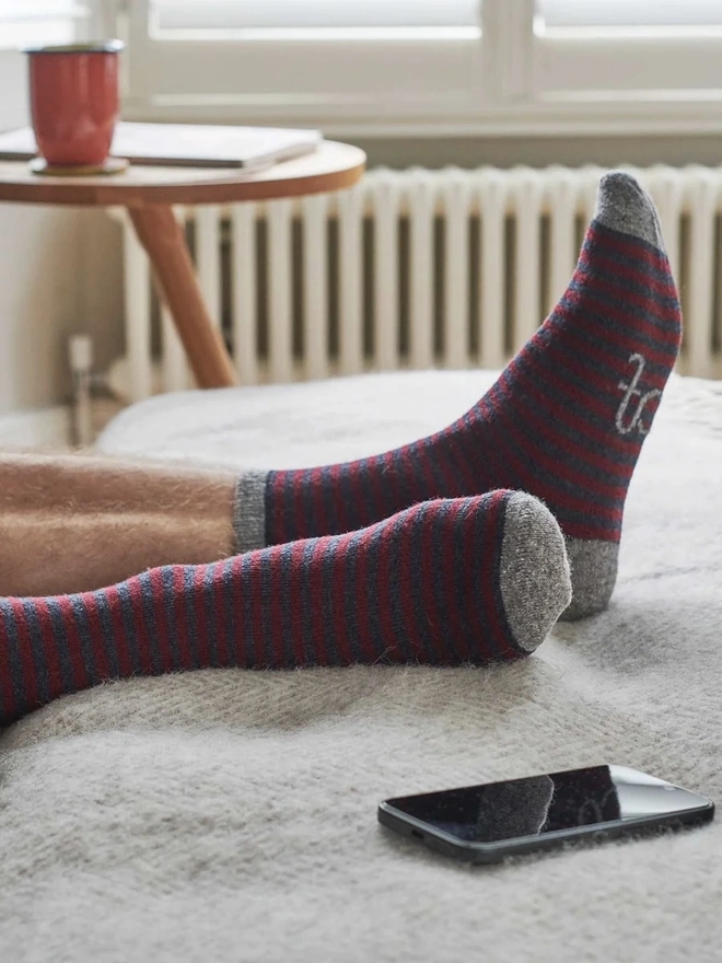 Men's Organic Cotten Striped Ankle Socks, a man wearing a pair of colourful socks. 