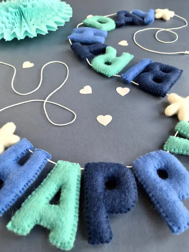 Blue and turquoise felt 'Happy Birthday' Garland