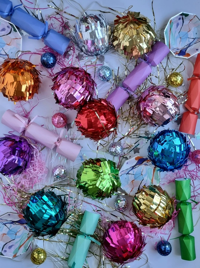 metallic fringed colourful christmas baubles