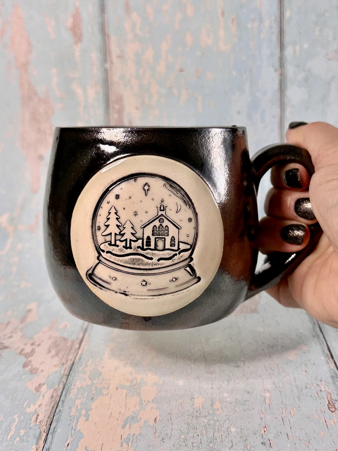 Metallic Black Christmas Snow Globe Mug