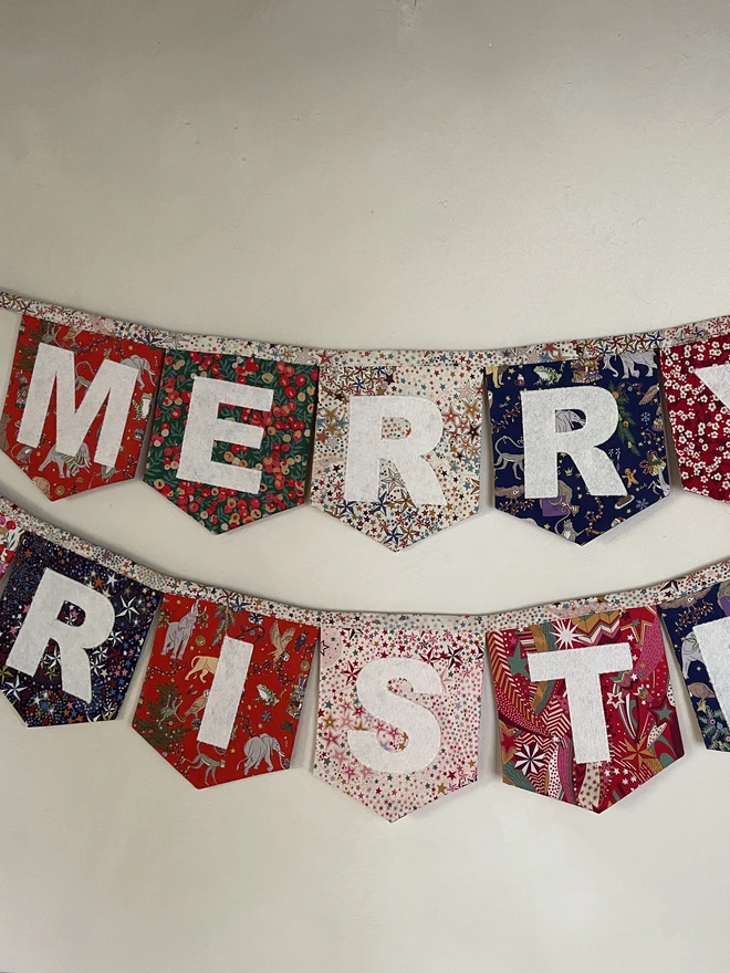 Merry Christmas Bunting made with a mix of Liberty London Christmas Prints