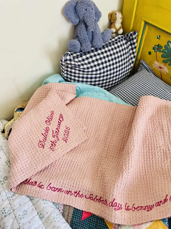 'Monday's Child' Embroidered Waffle Linen Baby Blanket 