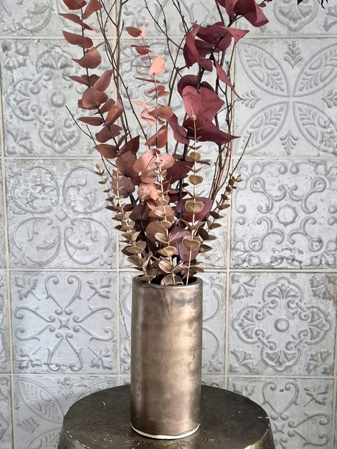 christmas vase, large gold vase, metallic vase, gold ceramic vase, bronze ceramic vase, statement vase, Christmas homeware, christmas accessories, gold christmas decor, Jenny Hopps Pottery