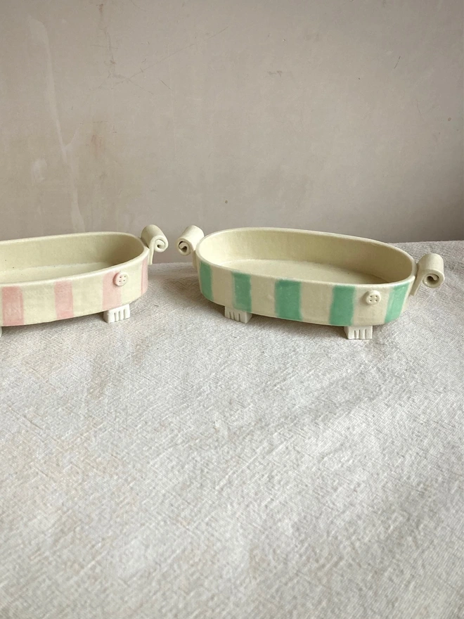 porcelain treat dishes in pink and green stripes