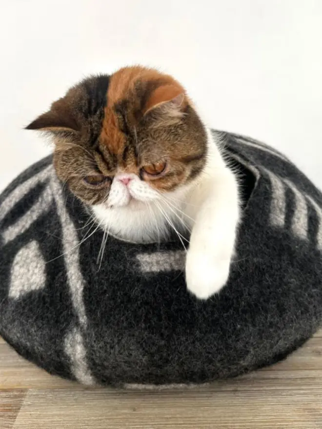 Black and white felt cat cave bed