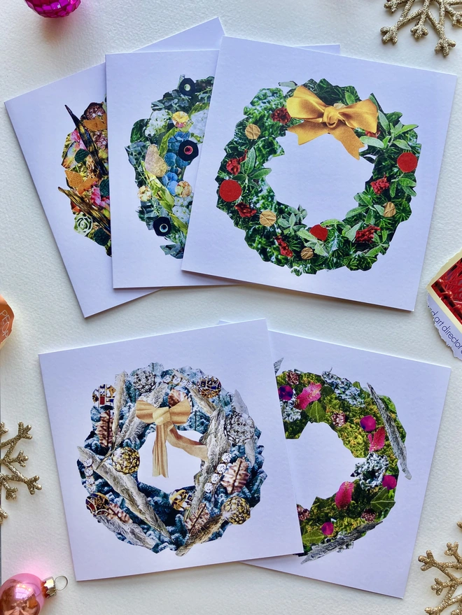 Festive paper collage christmas wreath card set 