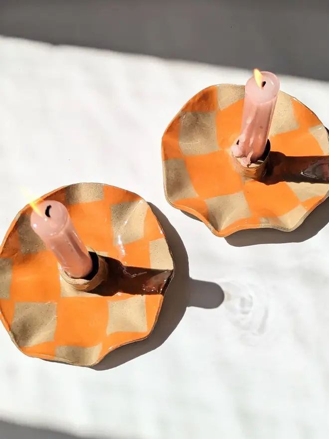 Pair of Orange Checked Scalloped Candle Holder