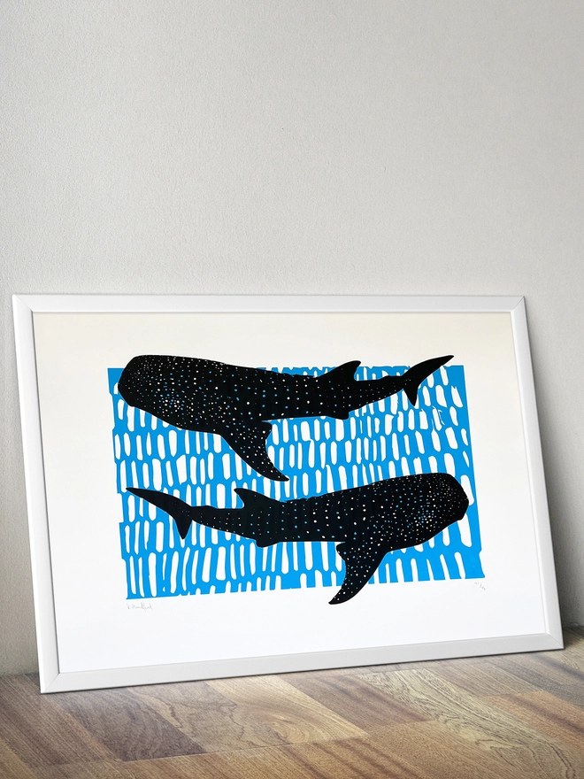 Whale Sharks (Black and Blue) – Screen Printed Poster - mock up in a frame