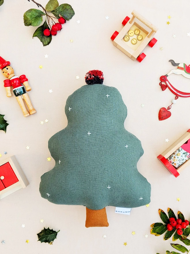 green linen christmas tree with embroidery and wool pompom