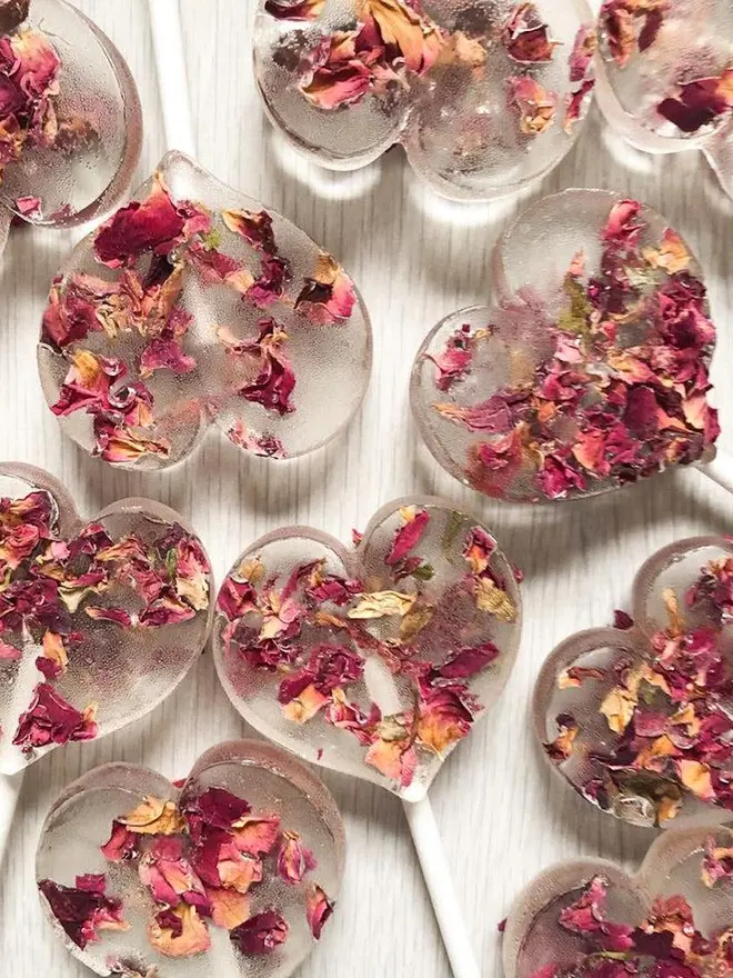 Heart Clear Rose Petal Lollipops (Pack Of 10)