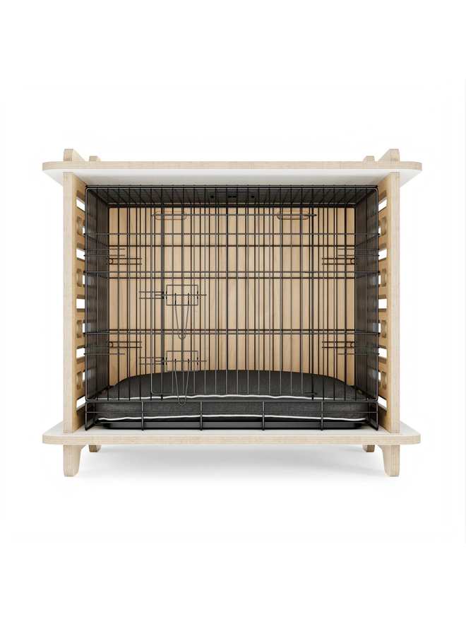 wooden dog crate interior with cushion and cage front