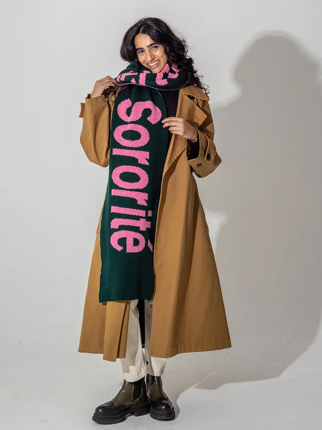 Forest green & french rose Liberté Egalité Sororité scarf