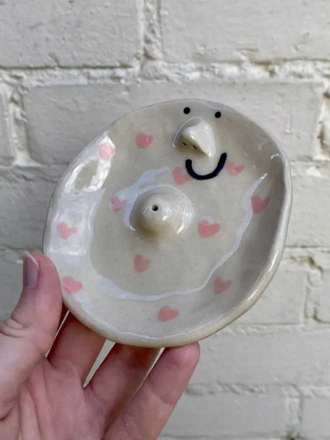 pink love heart handmade ceramic incense dish