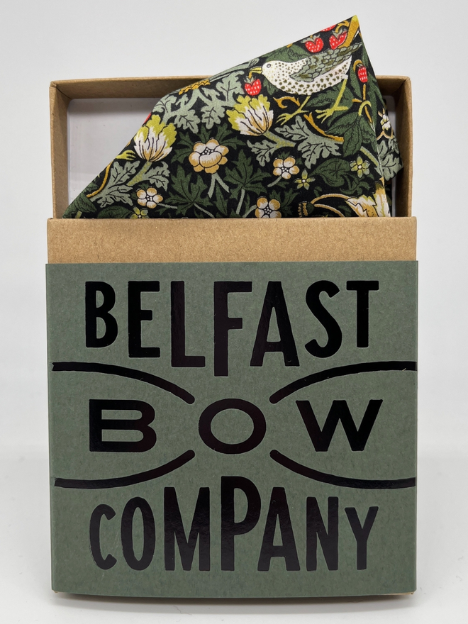 Dark Green Strawberry Thief Pocket Square handmade by the Belfast Bow Company