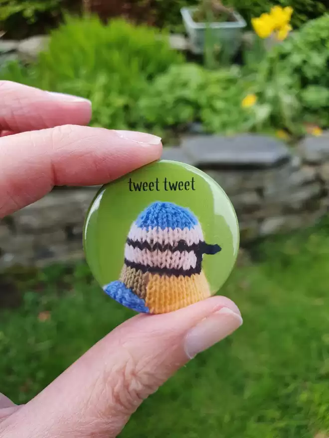 knitted blue tit badge