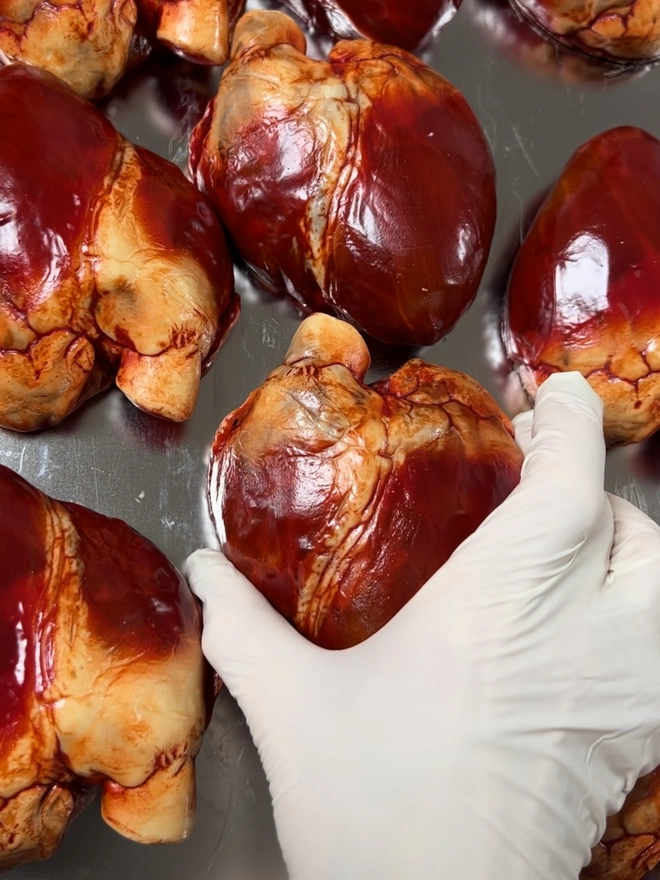 Tray of realistic edible chocolate human hearts