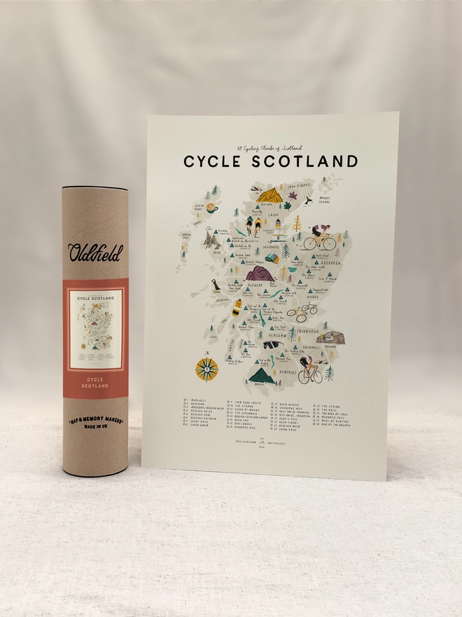 Cycle Scotland Map Print with tube packaging