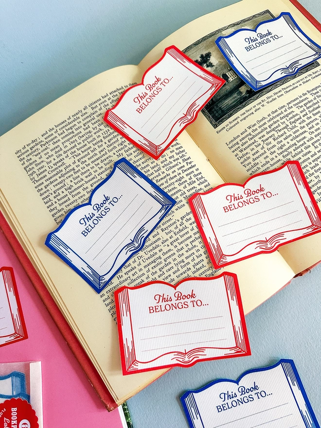 “This book belongs to…” Ex Libris Book Plate Self Adhesive Label, perfect gift for book lovers, avid readers, or to personalise your home library. Illustrated open book. In blue or red. Designed by Flora Fricker, graphic designer. Photographed in vintage book.