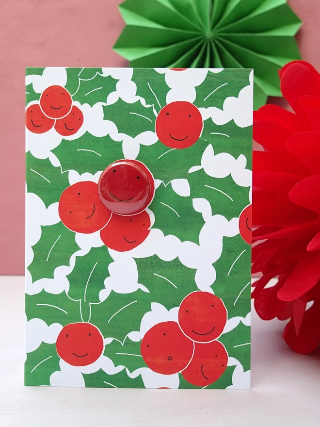 Holly berry christmas card with pin badge
