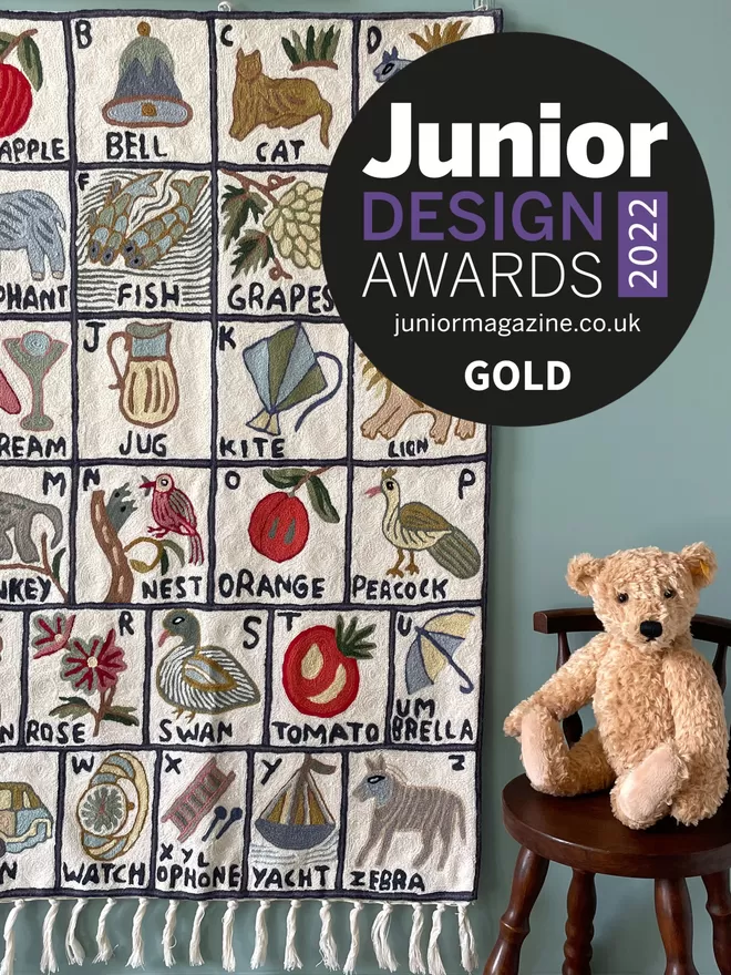 Moppet hand-embroidered alphabet abc tapestry Junior Design Awards Gold Winner