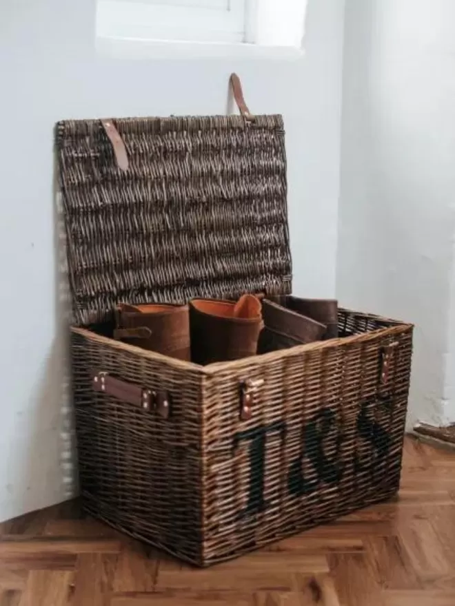 Large wicker hamper personalised with a couples initials
