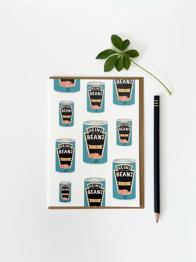 baked beans tins illustrated card. card photographed on plain white background.