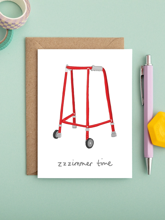 funny gender neutral birthday card featuring a Zimmer frame 