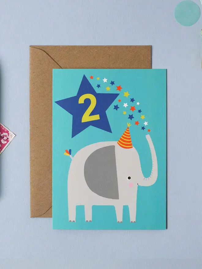 Elephant Bright Blue Kid's Second Birthday Card