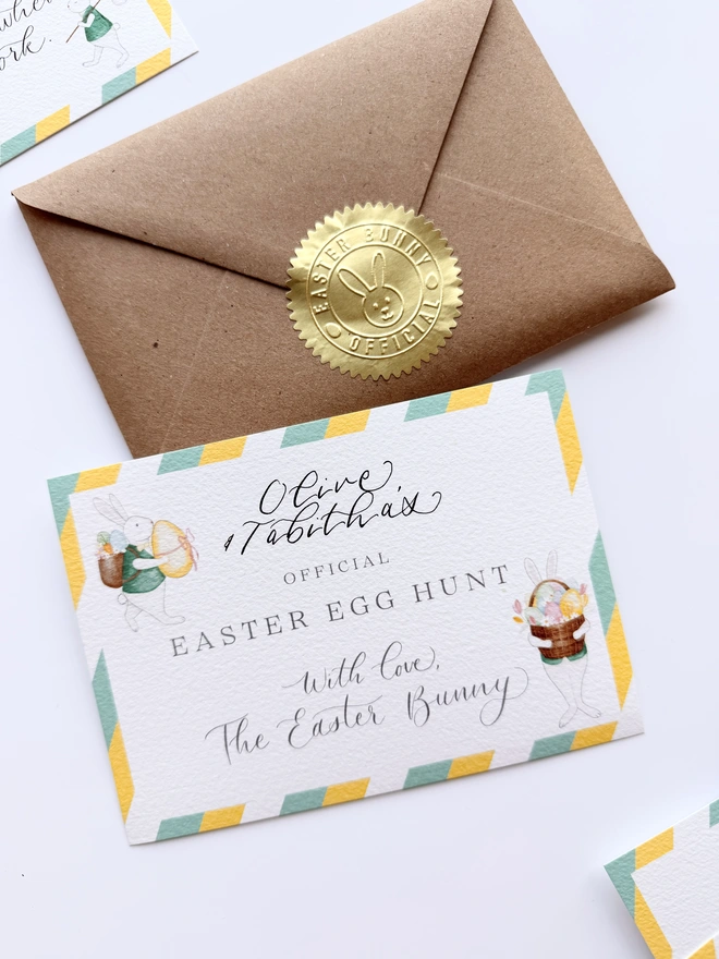Easter Bunny illustrated egg hunt cards. Personalised with child's name on first page. 
