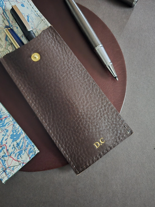 brown leather silk escape map pencil case personalised embossing