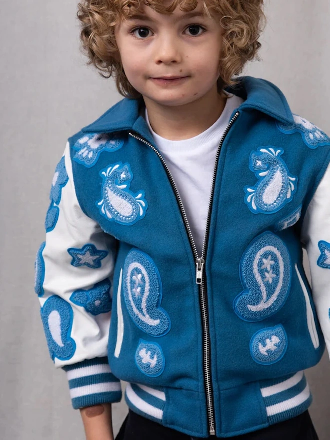 Wool & Leather Boho Front Zip Newark Blue Jacket 