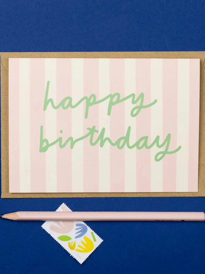 'Happy Birthday' Pink Stripe Greeting Card
