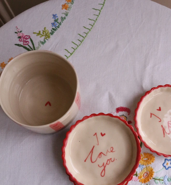 Valentines Day gift, perfect gift for her, handmade ceramic jewellery dish with red heart and I Love You hand painted
