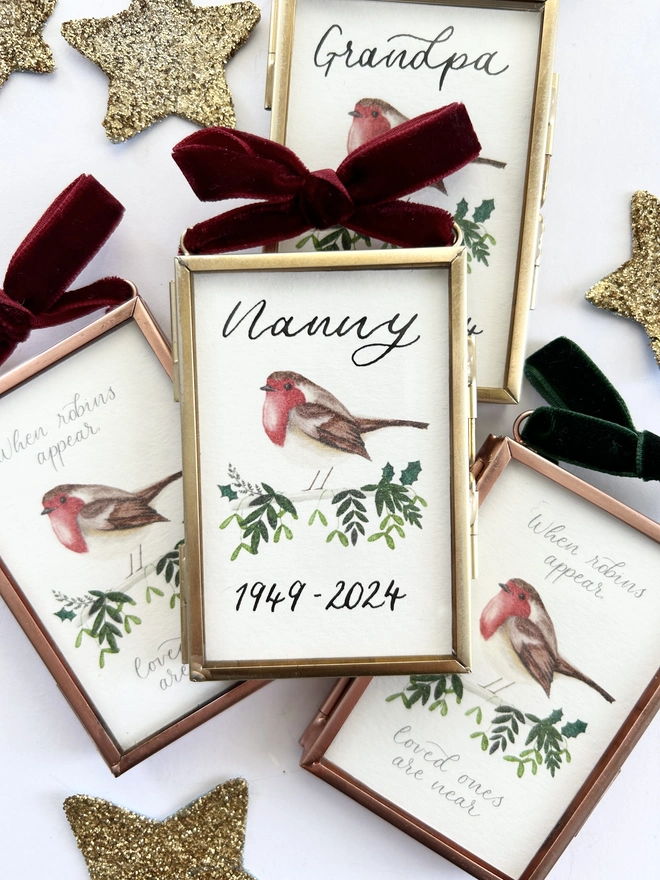 Mini Personalised Frame Memorial Christmas Tree Decoration with Robin Illustration