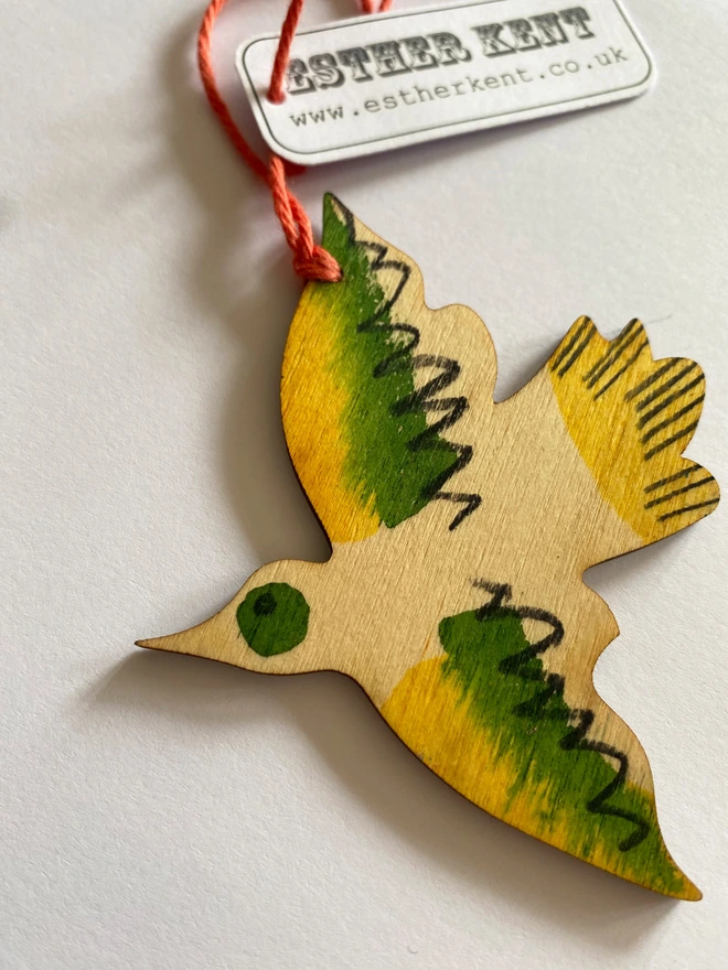 Handpainted wooden bird decoration by Esther Kent