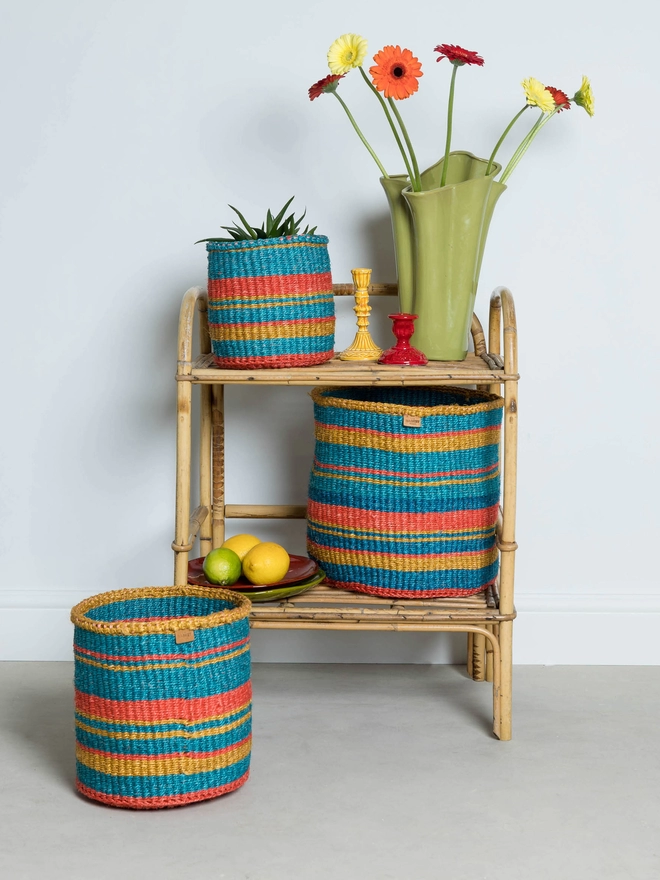 lifestyle striped woven baskets on shelf