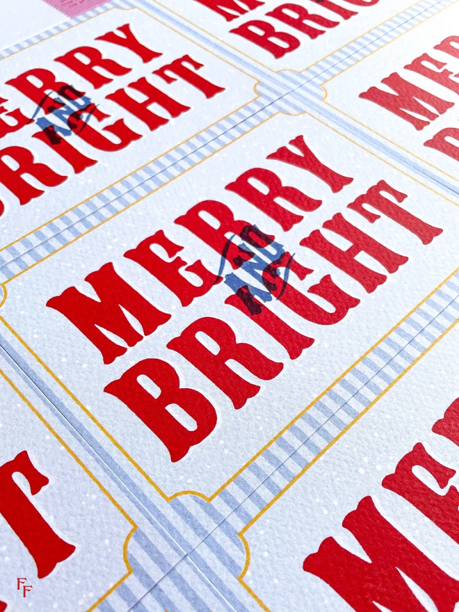 'Merry and Bright' charity christmas card, blue and red, vintage aesthetic, flora fricker