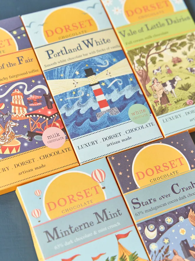 group of chocolate bars with various illustrated boxes