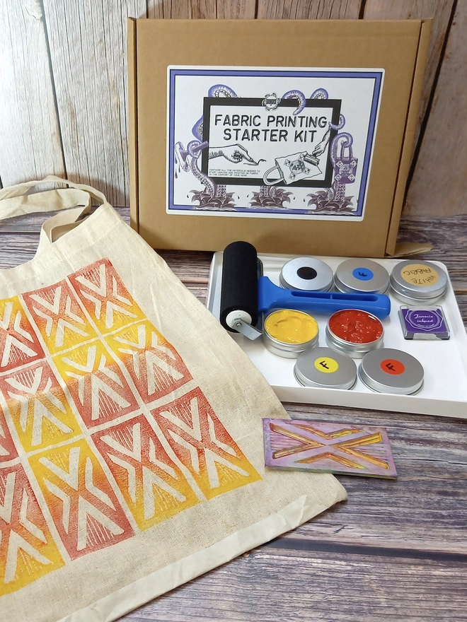 Fabric Printing Craft Kit, with ink, roller and tote bag unpacked. 